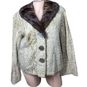 Vtg Persian Lamb Coat w/ Mink Collar Large Buttons Tan Brown 60s 70s Striplings